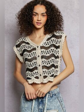 POL Crochet Button-Down Vest with Scalloped Edges